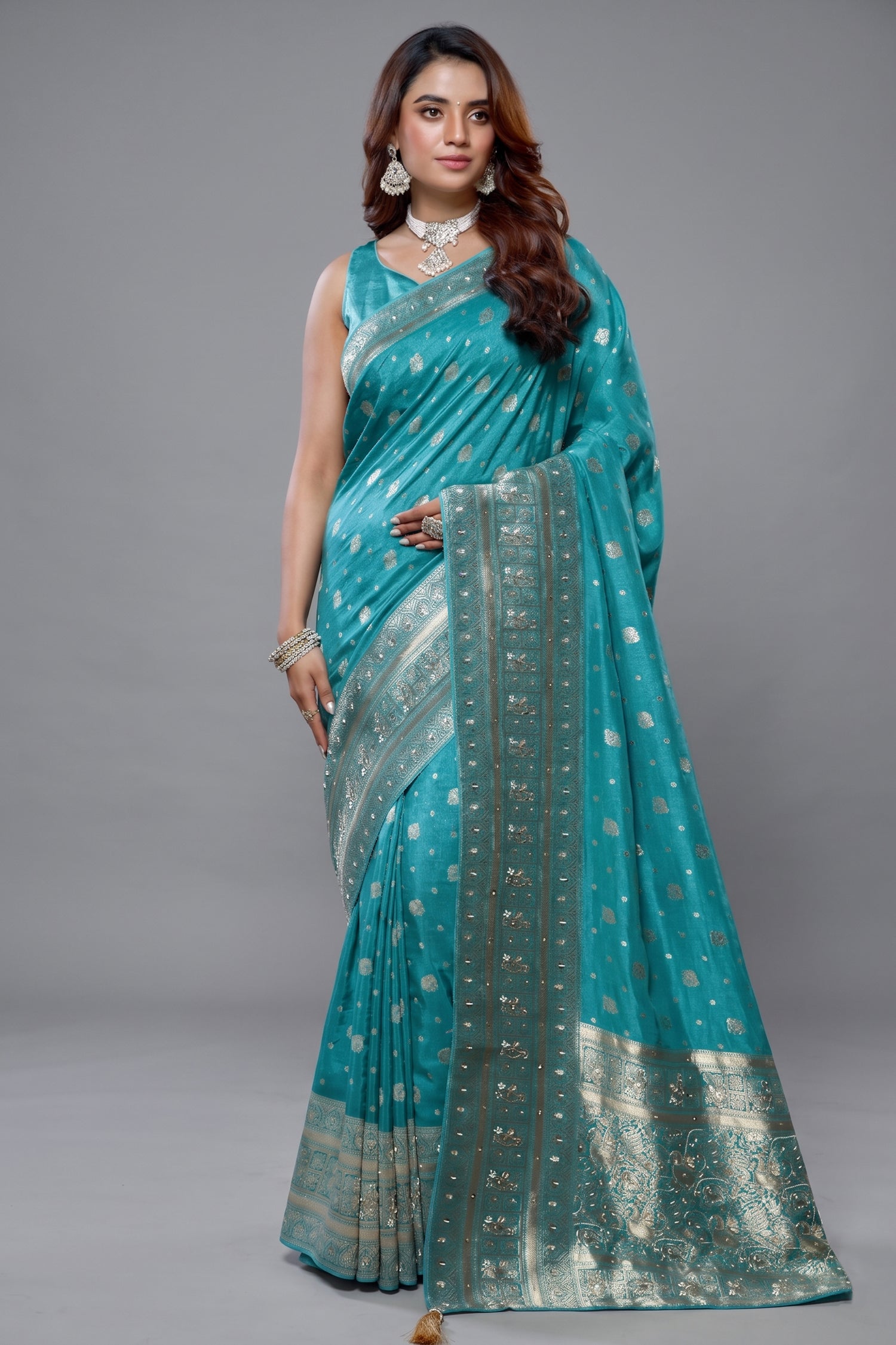 Sky Blue Dola Silk All Over Woven Saree - Front View Main image
