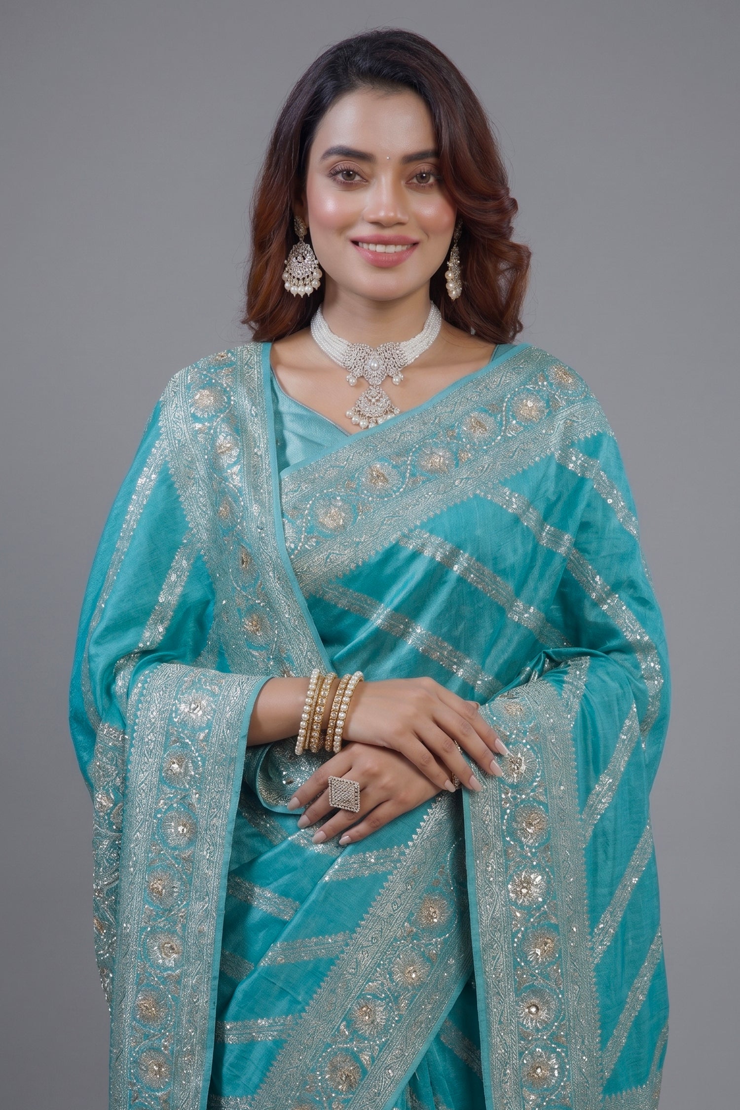 Sky Blue Dola Silk Lehehriya Woven Saree with Beaded and Gota Work Secondary image