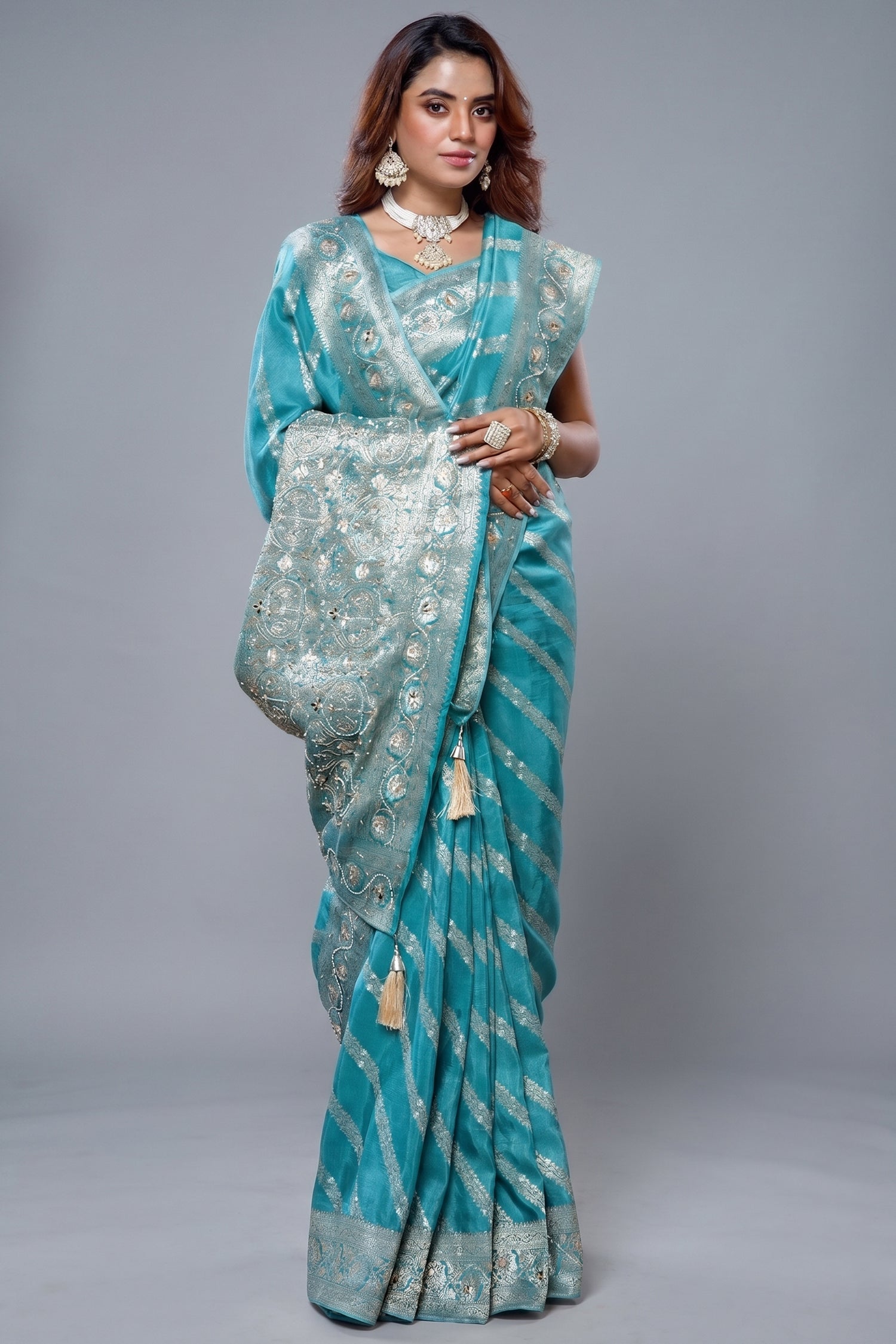 Sky Blue Dola Silk Lehehriya Saree - Front View