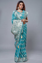 Sky Blue Dola Silk Lehehriya Saree - Front View