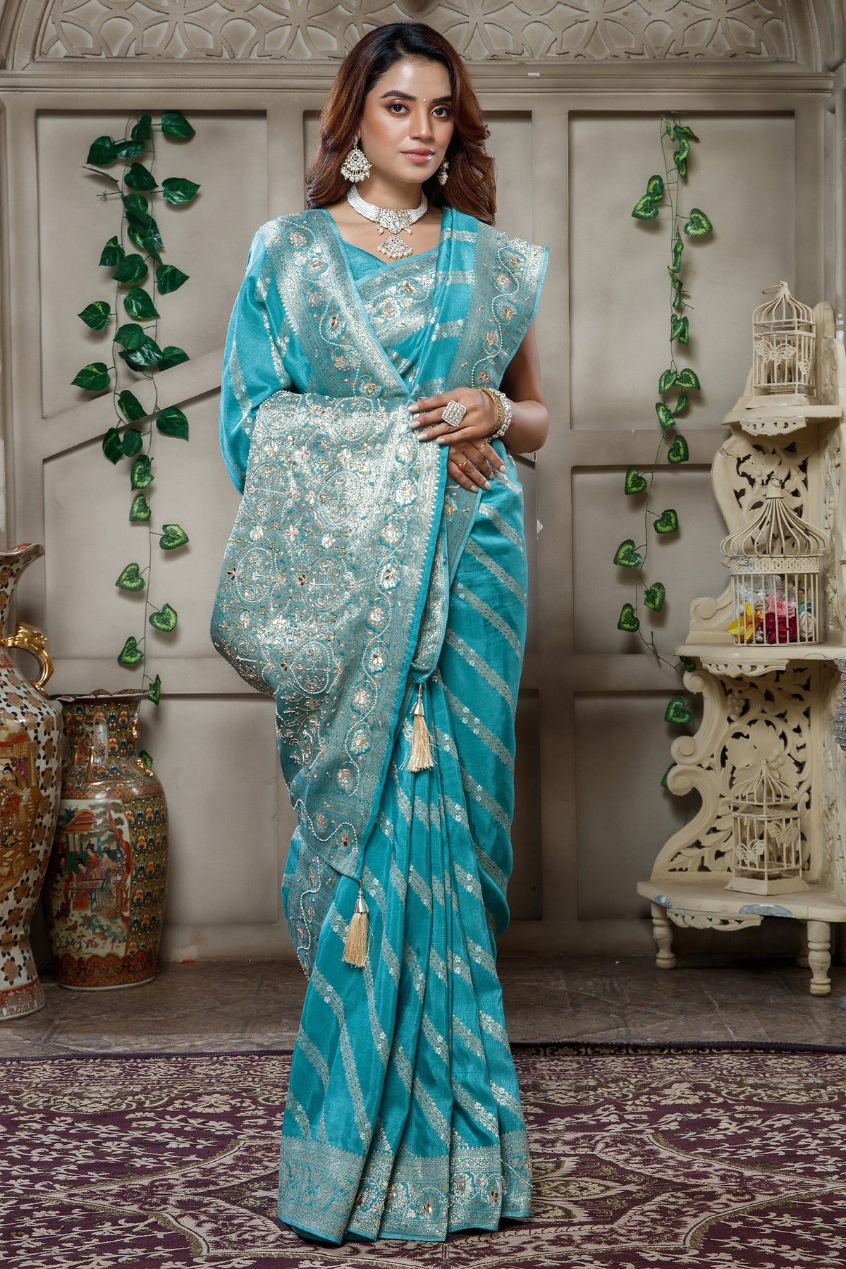 Sky Blue Dola Silk Lehehriya Saree - Front View