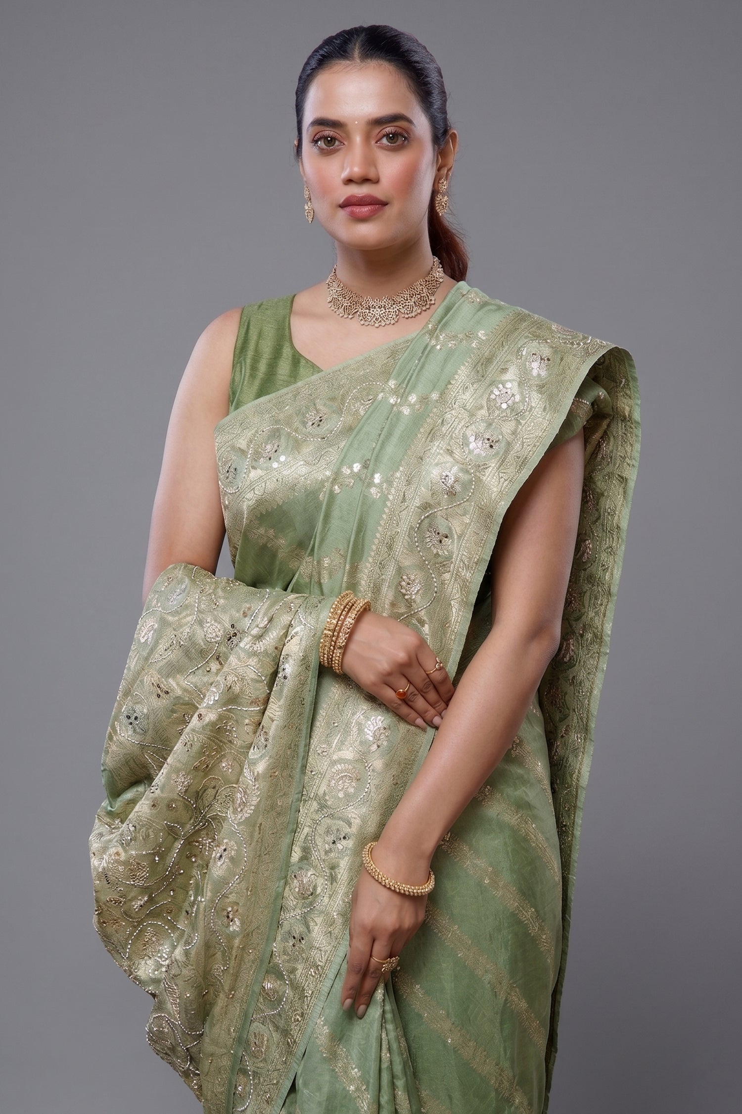 Light Pista Dola Silk Lehehriya Woven Saree with Beaded and Gota Work Secondary image