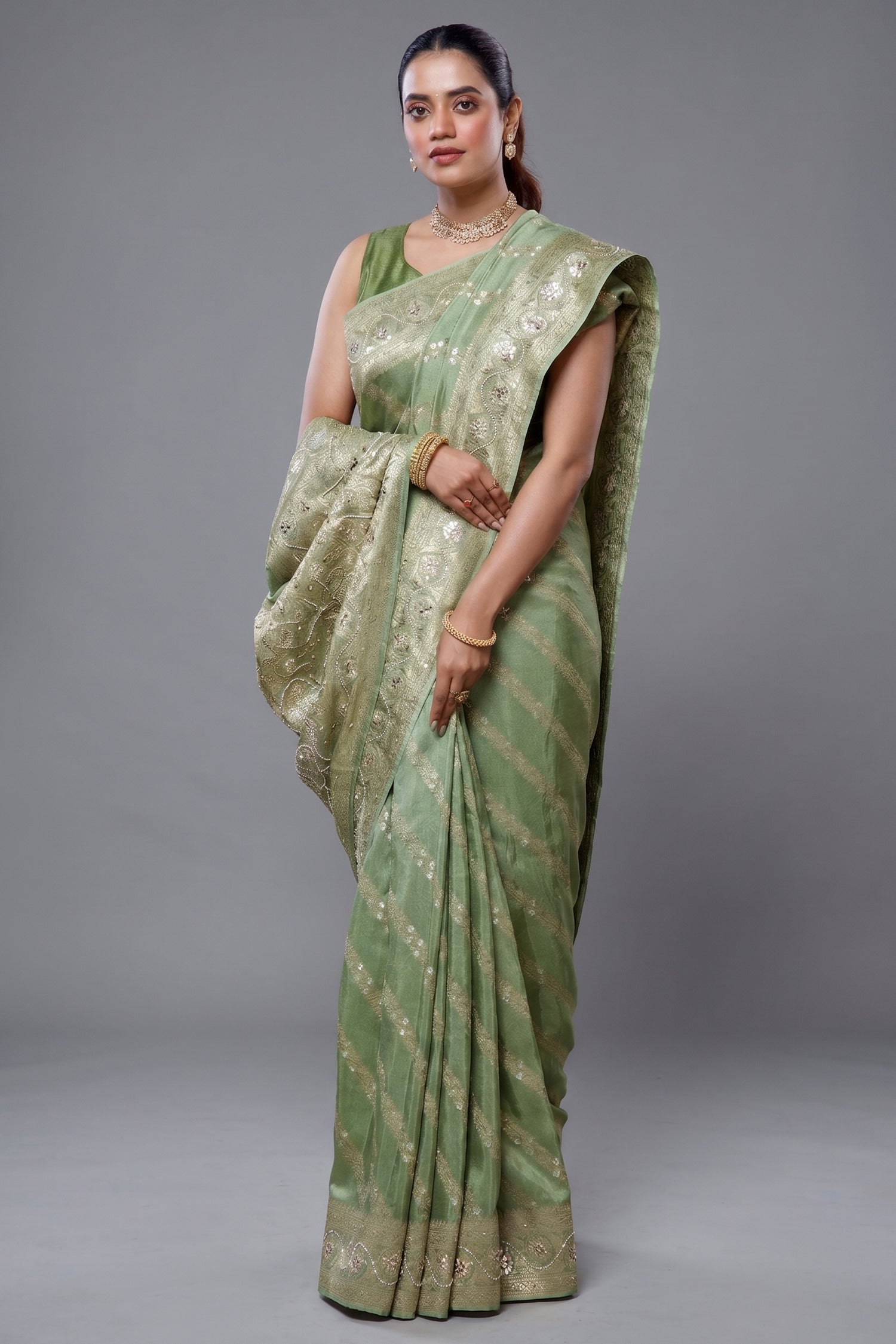Light Pista Dola Silk Lehehriya Saree - Front View Main image