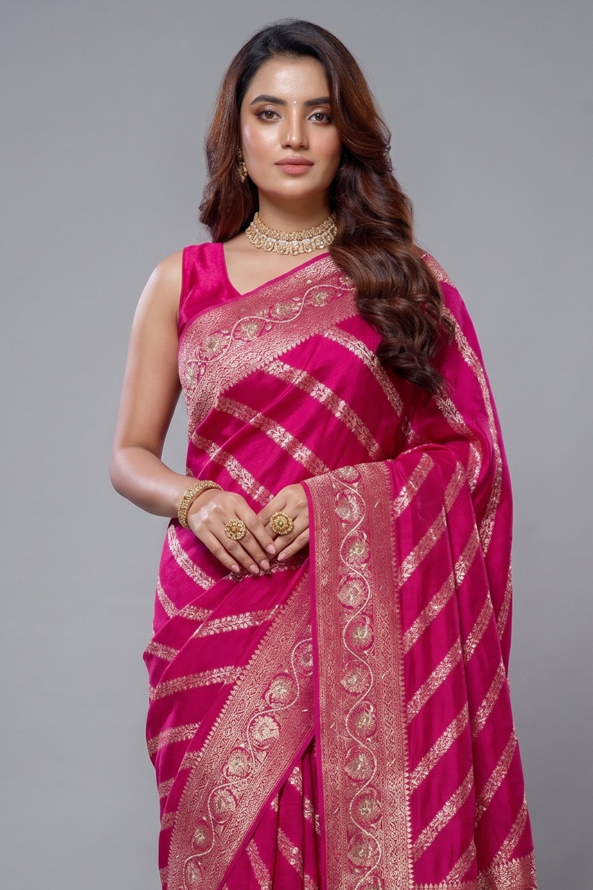 Close-up of intricate beaded details and gota work on the Rani Pink Dola Silk Lehehriya Saree