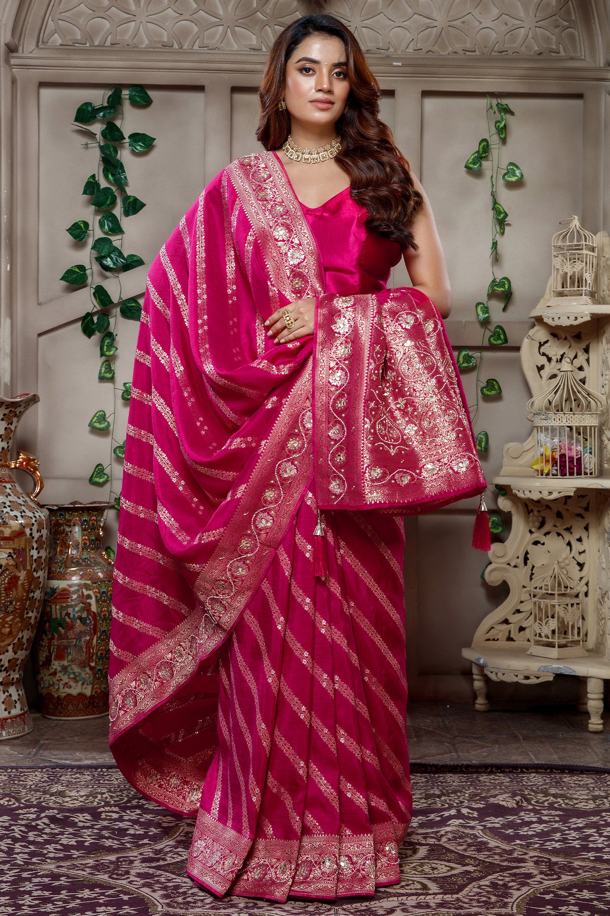 Designer Rani Pink Dola Silk Lehehriya Saree for festive celebrations