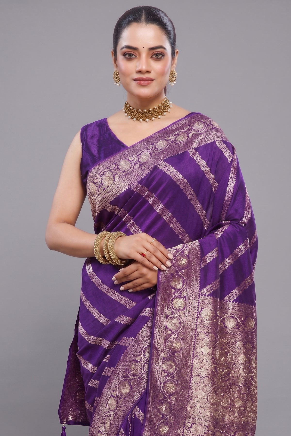 Close-up of intricate beaded details and gota work on the Violet Purple Dola Silk Lehehriya Saree