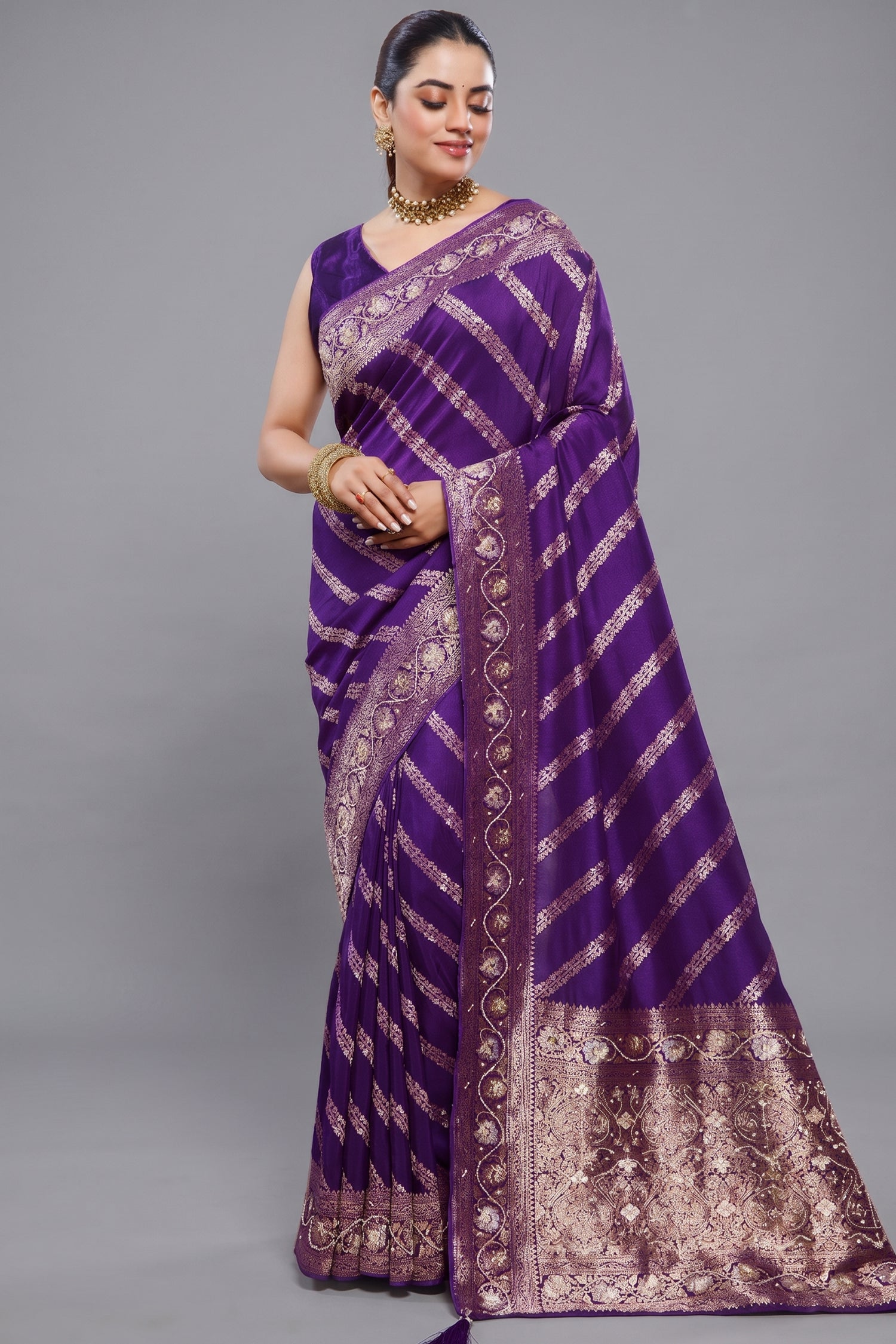 Violet Purple Dola Silk Lehehriya Saree - Front View Main image