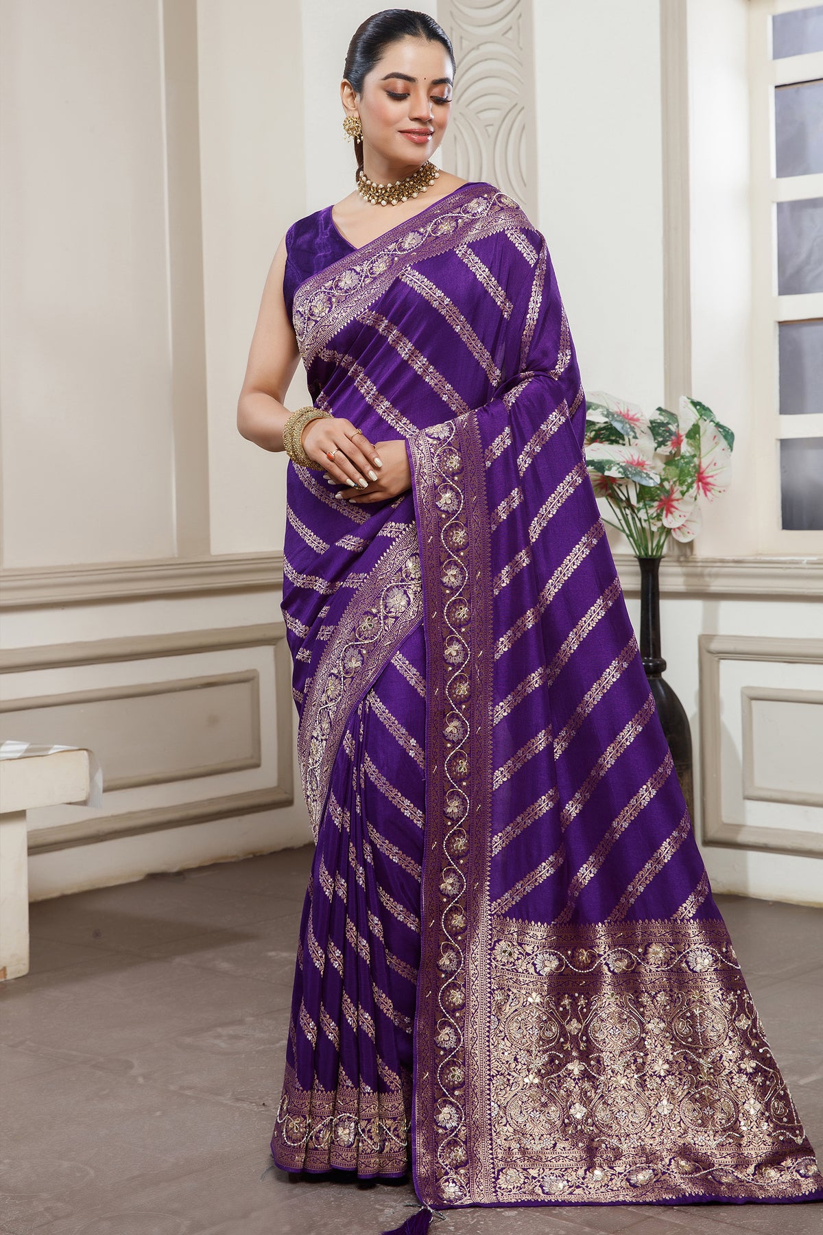 Designer Violet Purple Dola Silk Lehehriya Saree for festive celebrations