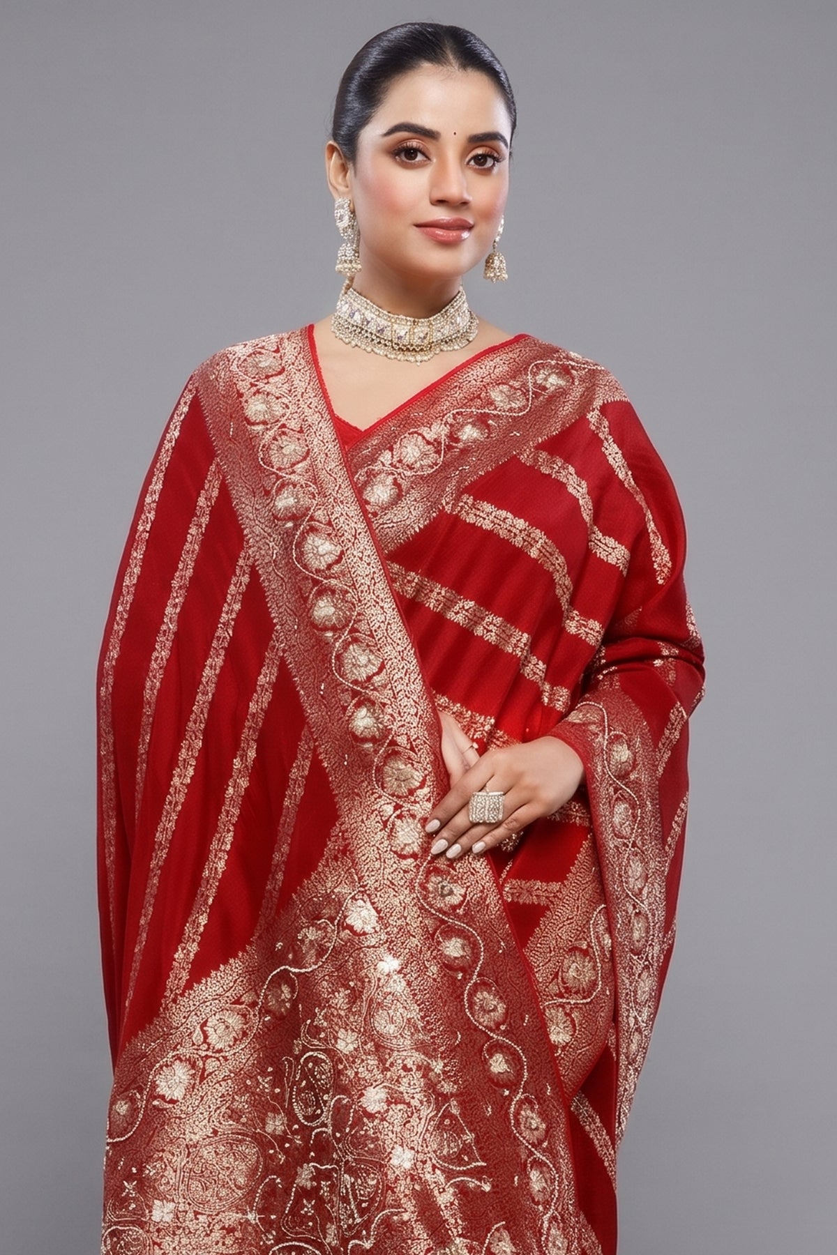Close-up of intricate beaded details and gota work on the Crimson Red Dola Silk Lehehriya Saree