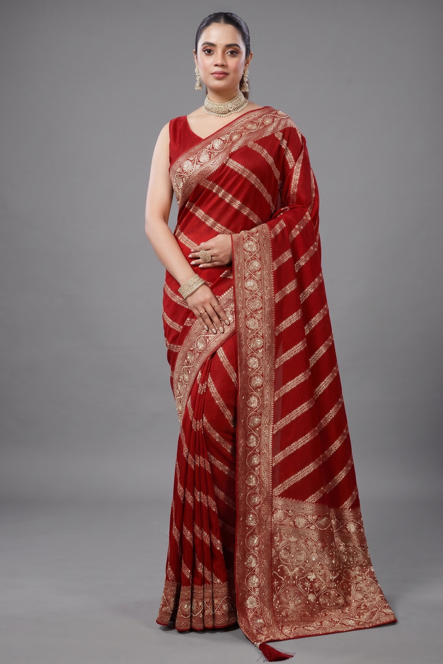 Crimson Red Dola Silk Lehehriya Saree - Front View Main image