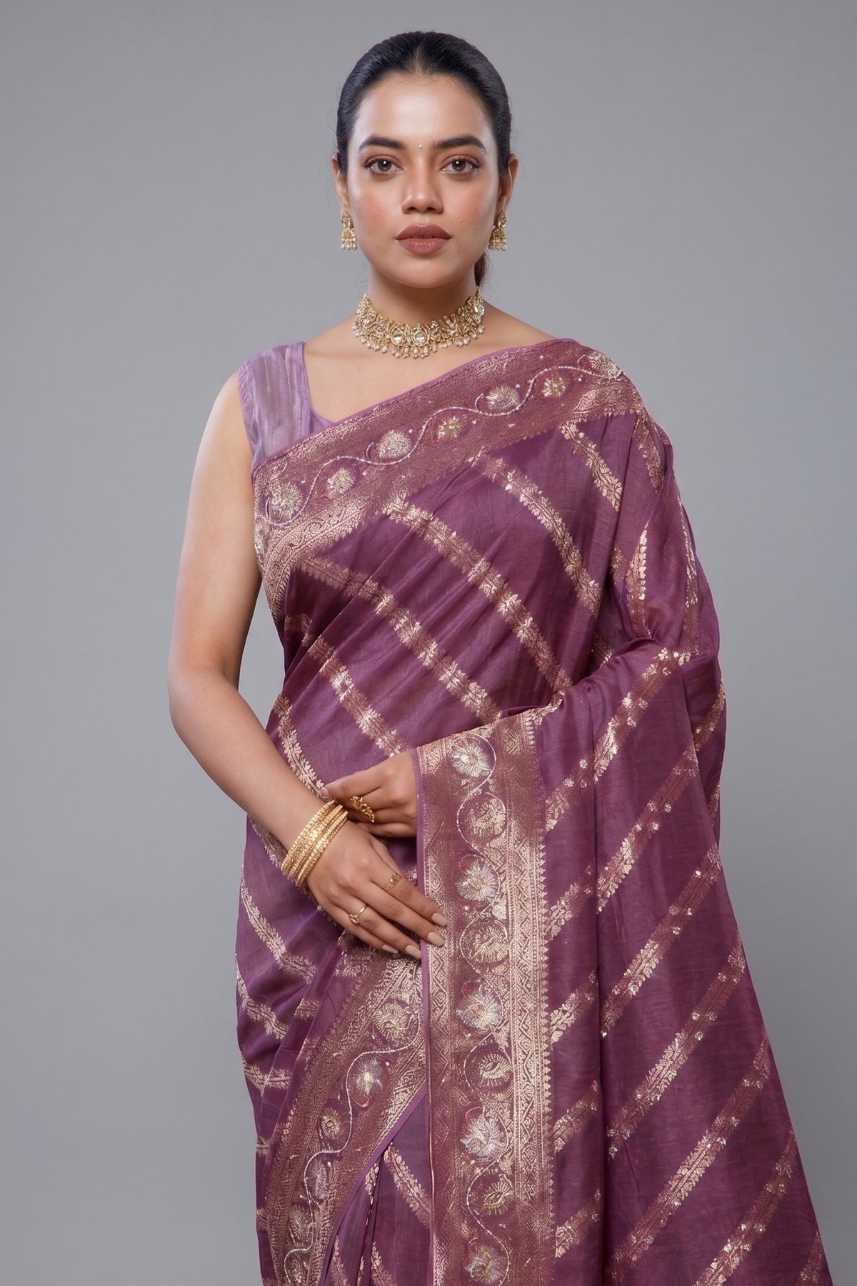 Wine Purple Saree with Beaded and Gota Work