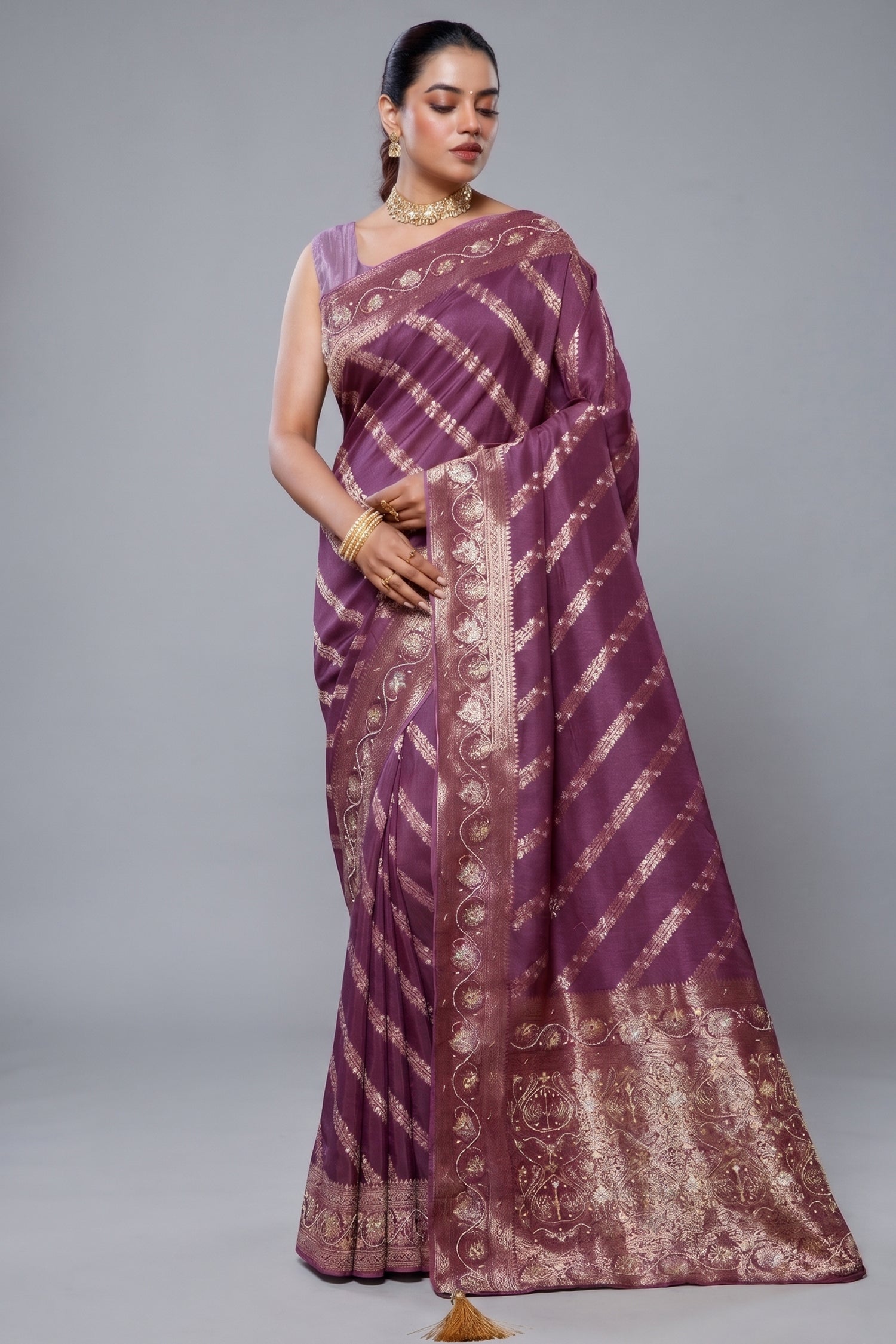 Wine Purple Dola Silk Lehehriya Saree - Front View Main image