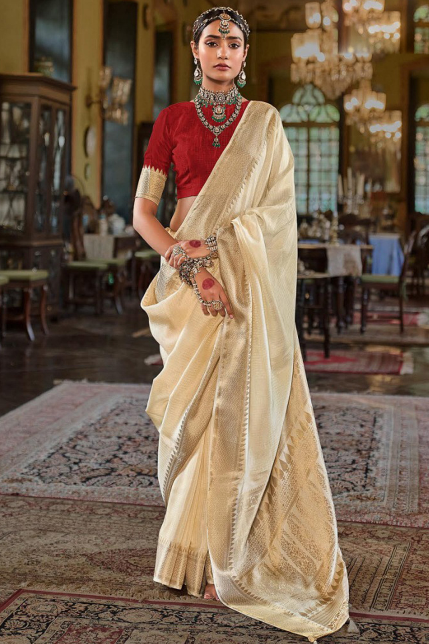 Cream Art Silk Weaving Saree