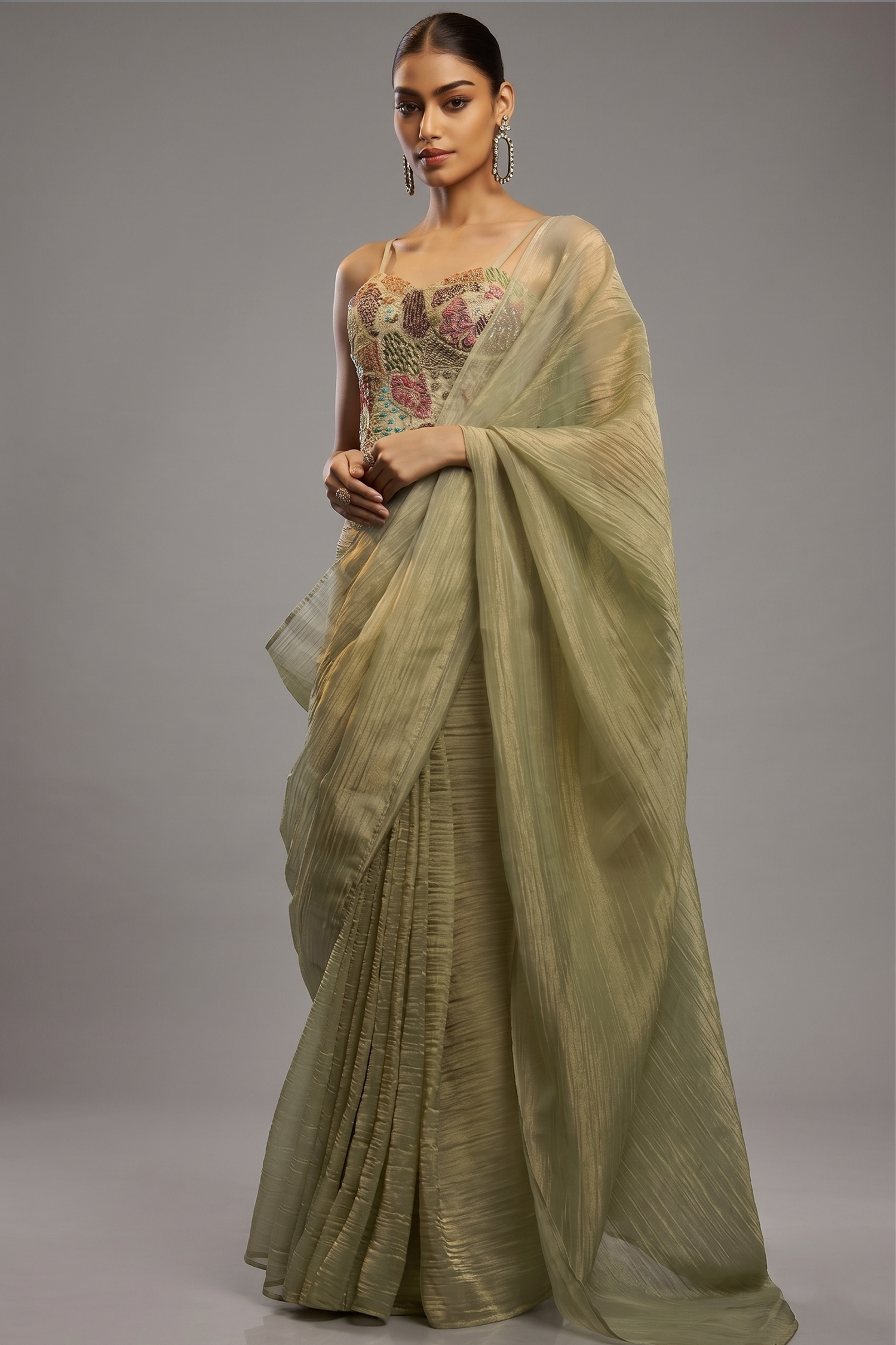 Olive Green Crushed Saree with Hand-Embellished Strap Blouse Main image