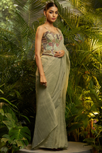 Olive Green Crushed Saree with Hand-Embellished Strap Blouse