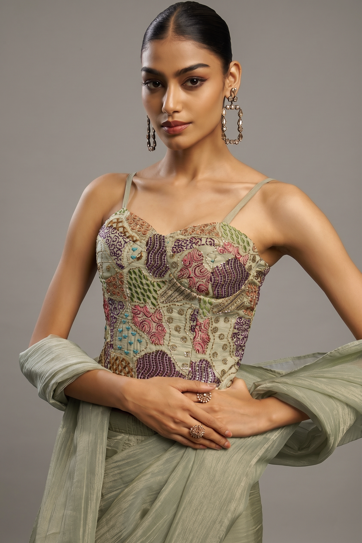 Olive Green Crushed Saree with Hand-Embellished Strap Blouse