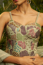 Olive Green Crushed Saree with Hand-Embellished Strap Blouse