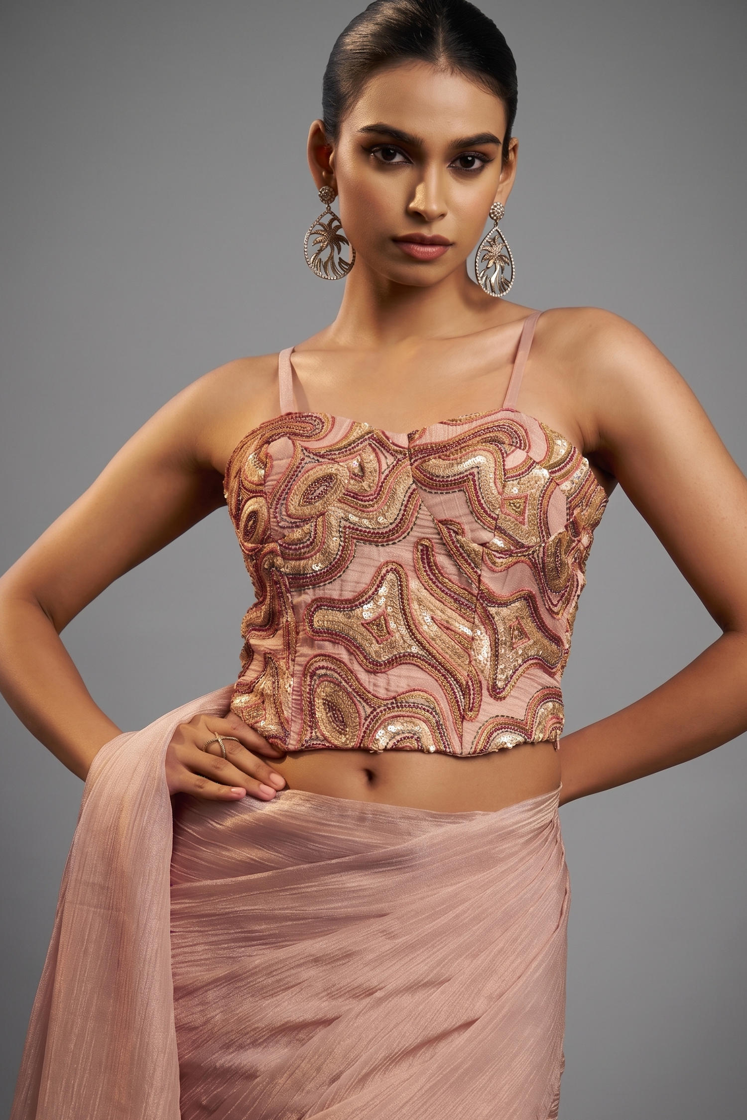 Peach Crushed Metallic Saree with Sequin-Embellished Corset Blouse Secondary image