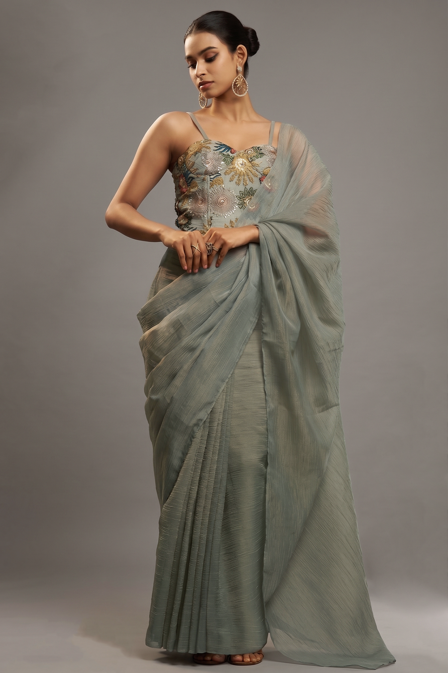 Muted Teal Crushed Tissue Saree with Hand-Embellished Blouse