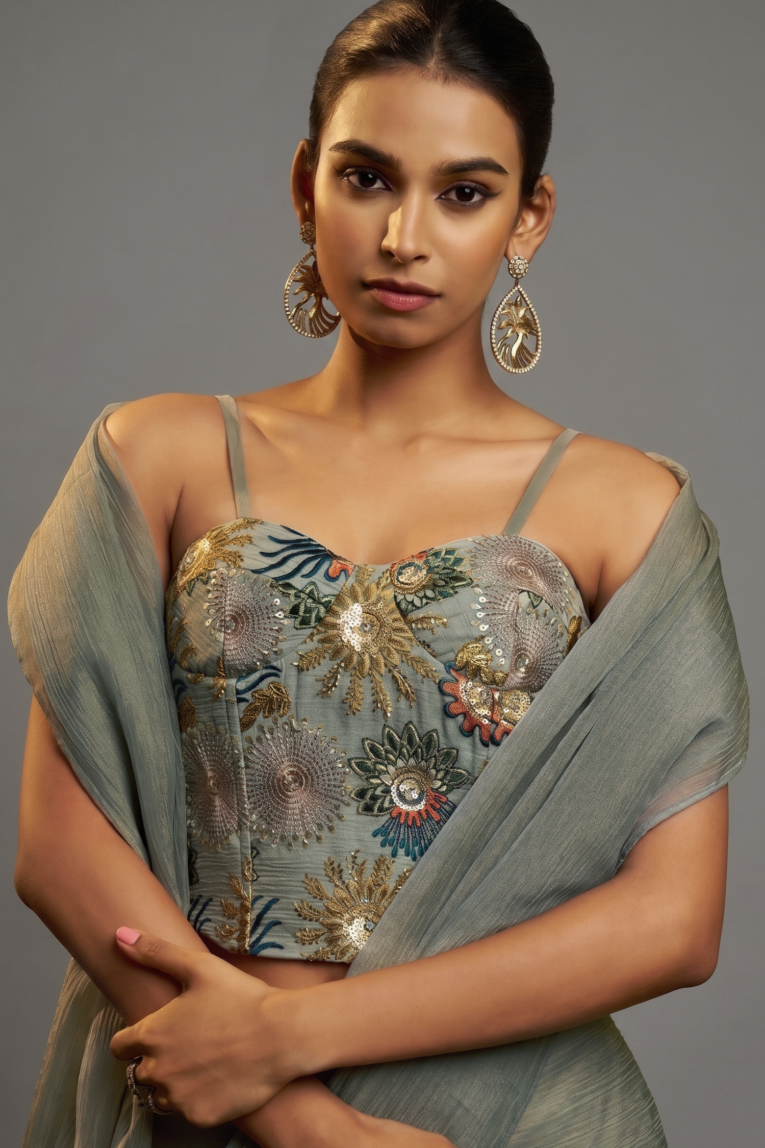 Muted Teal Crushed Tissue Saree with Hand-Embellished Blouse Secondary image