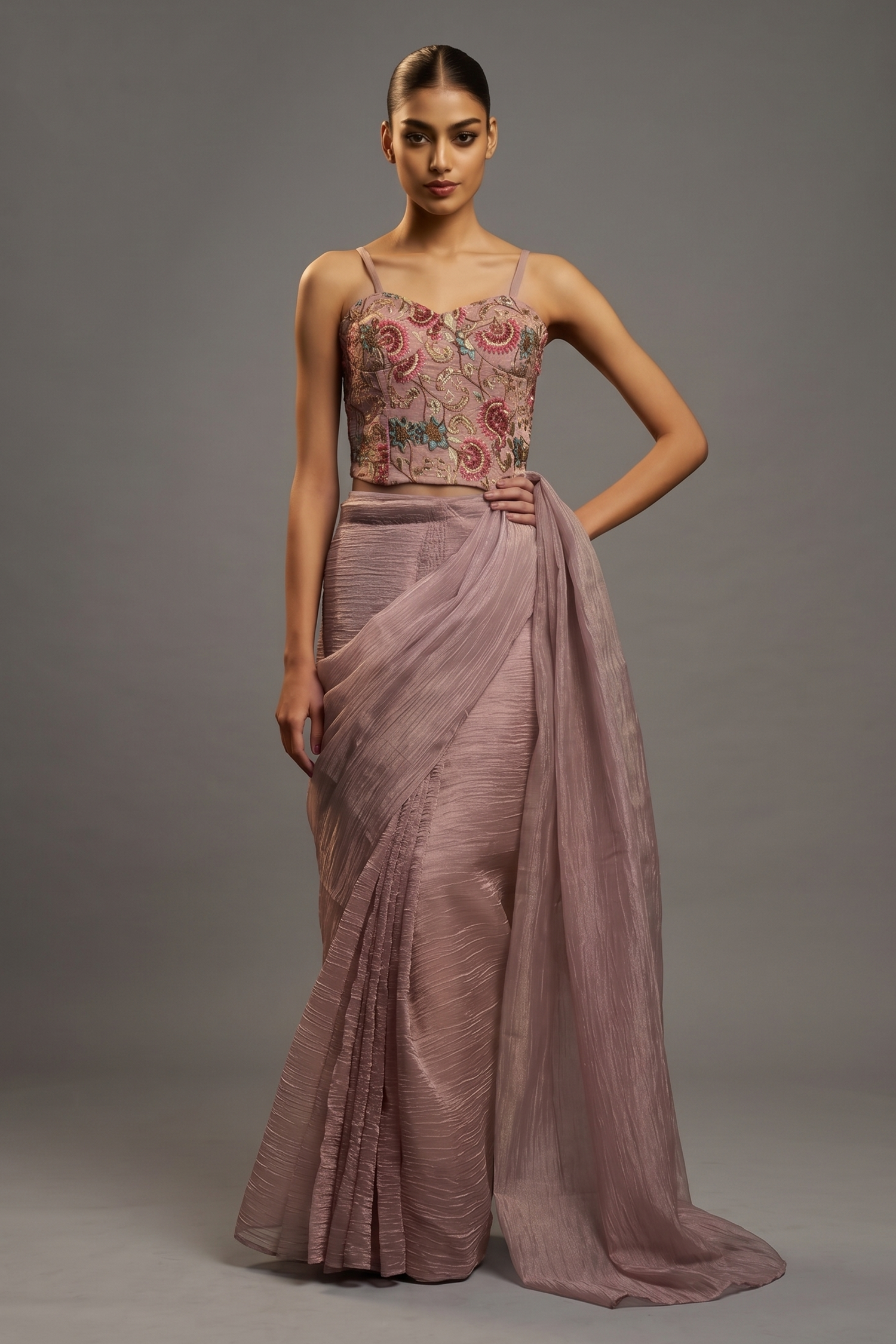 Mauve Purple Micro-Pleated Shimmer Saree with Floral Embroidered Designer Blouse Main image