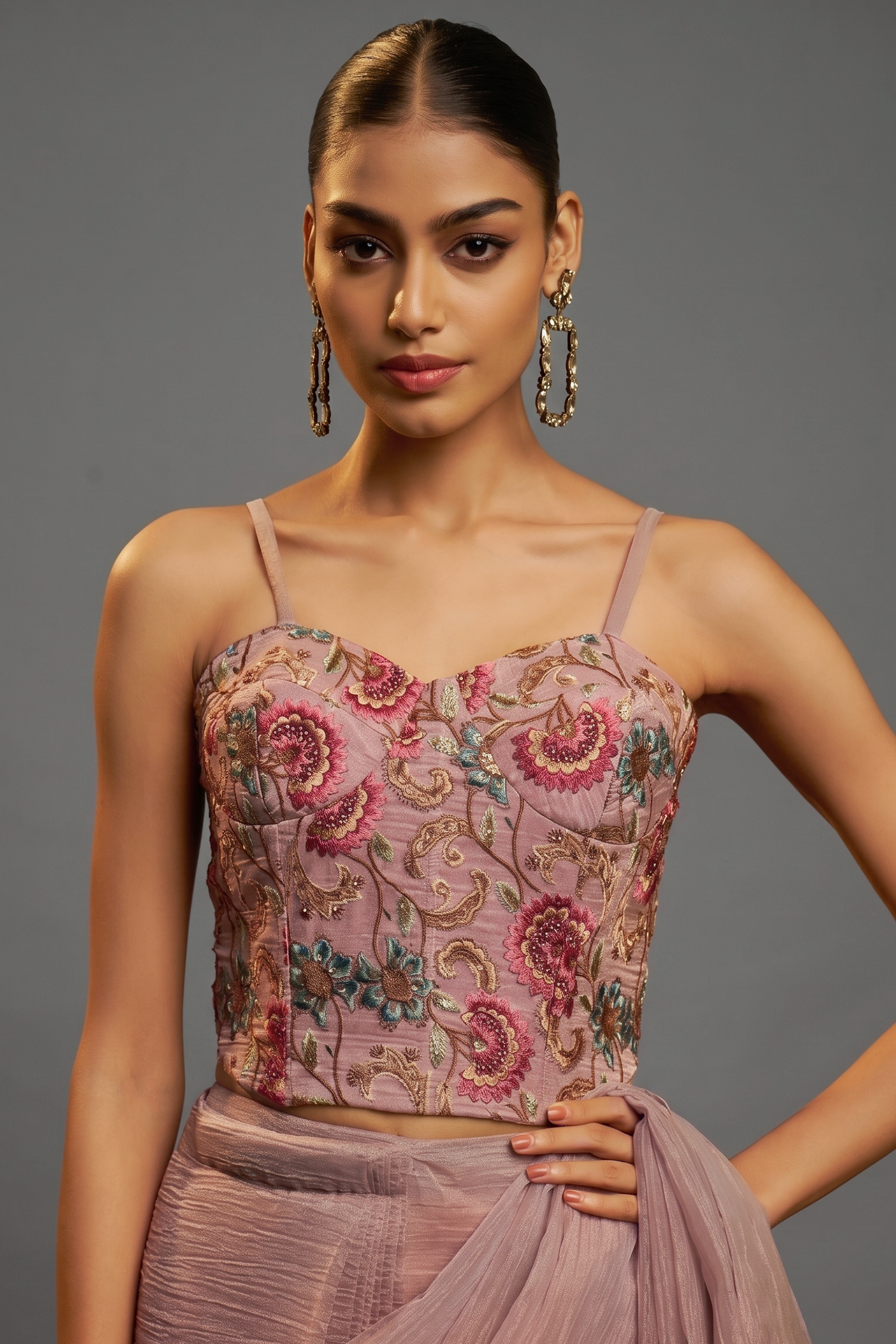 Mauve Purple Micro-Pleated Shimmer Saree with Floral Embroidered Designer Blouse Secondary image