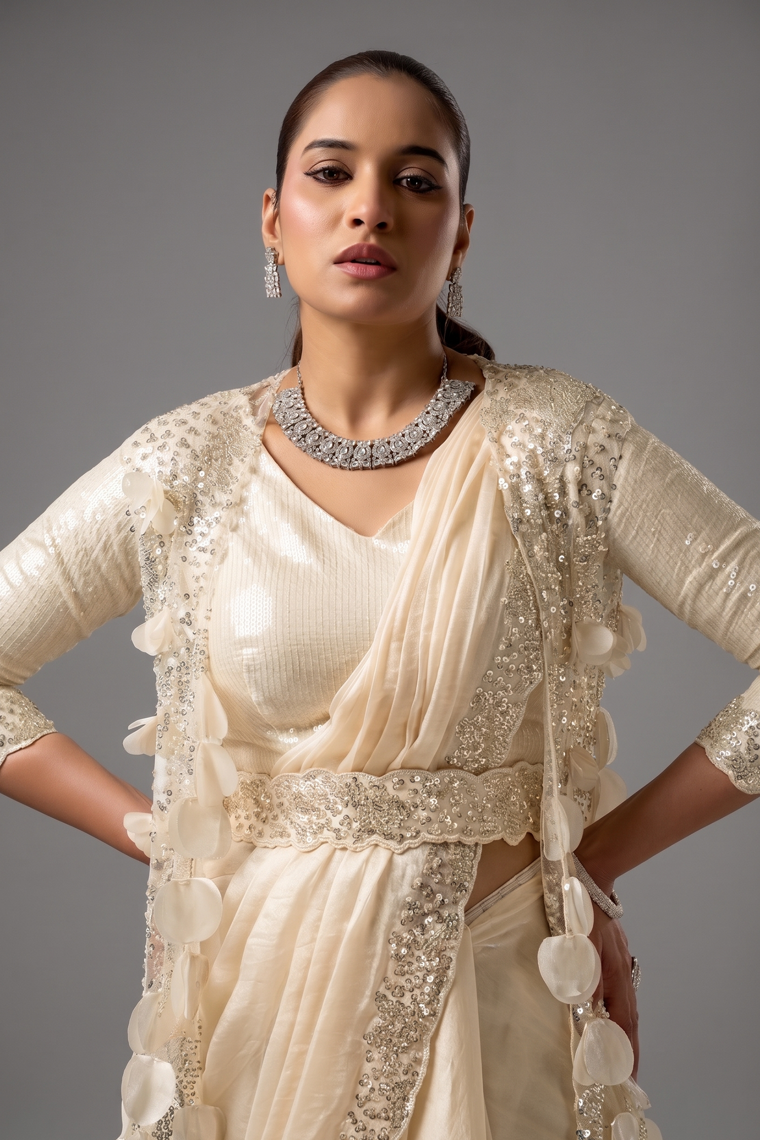Ivory Two-Tone Satin Silk Ready-to-Wear Saree with 3D Applique Jacket & Belt Secondary image