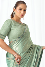 Seafoam Green Metallic Silk Saree with Heavy Zari and Sequin Work
