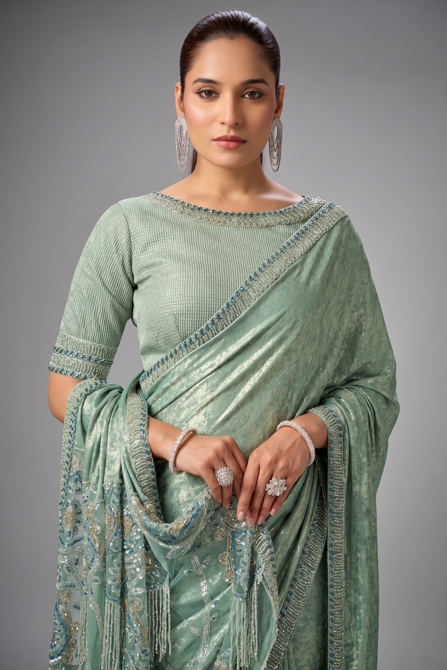 Seafoam Green Metallic Silk Saree with Heavy Zari and Sequin Work Secondary image