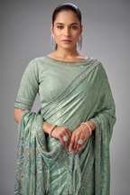 Seafoam Green Metallic Silk Saree with Heavy Zari and Sequin Work