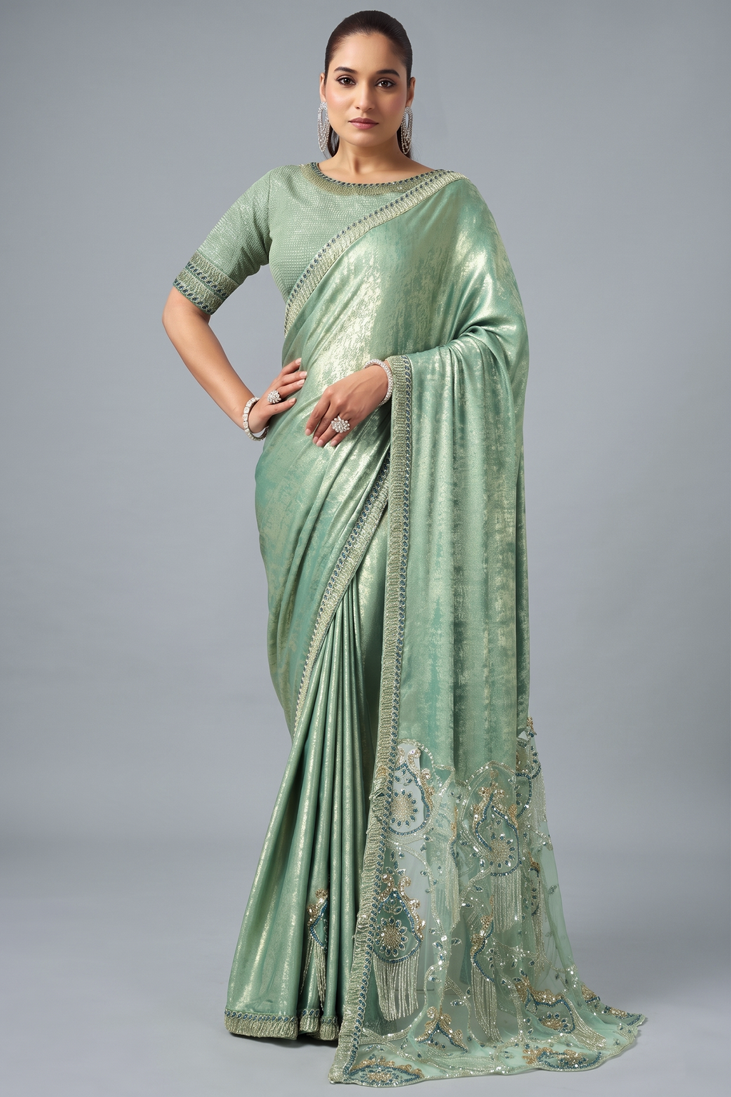 Seafoam Green Metallic Silk Saree with Heavy Zari and Sequin Work