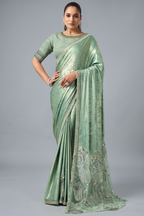 Seafoam Green Metallic Silk Saree with Heavy Zari and Sequin Work