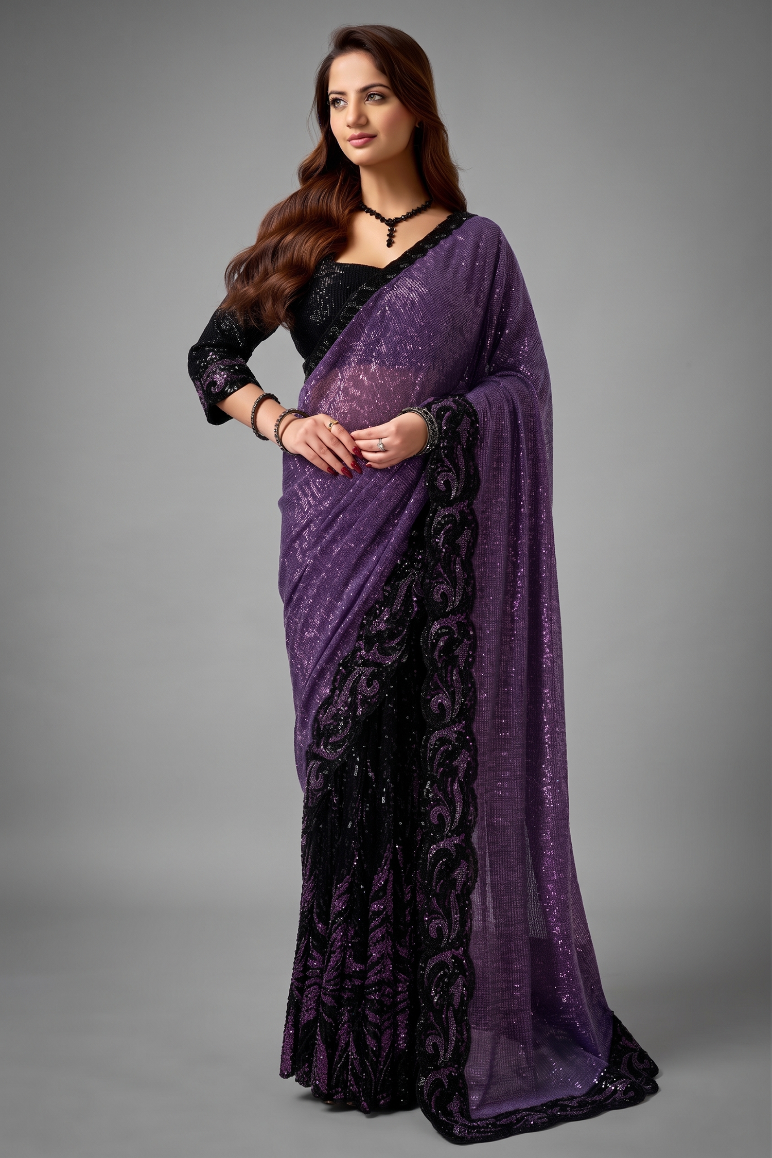 Deep Purple Net Saree with Vertical Sequin Work and Designer Blouse