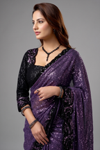 Deep Purple Net Saree with Vertical Sequin Work and Designer Blouse