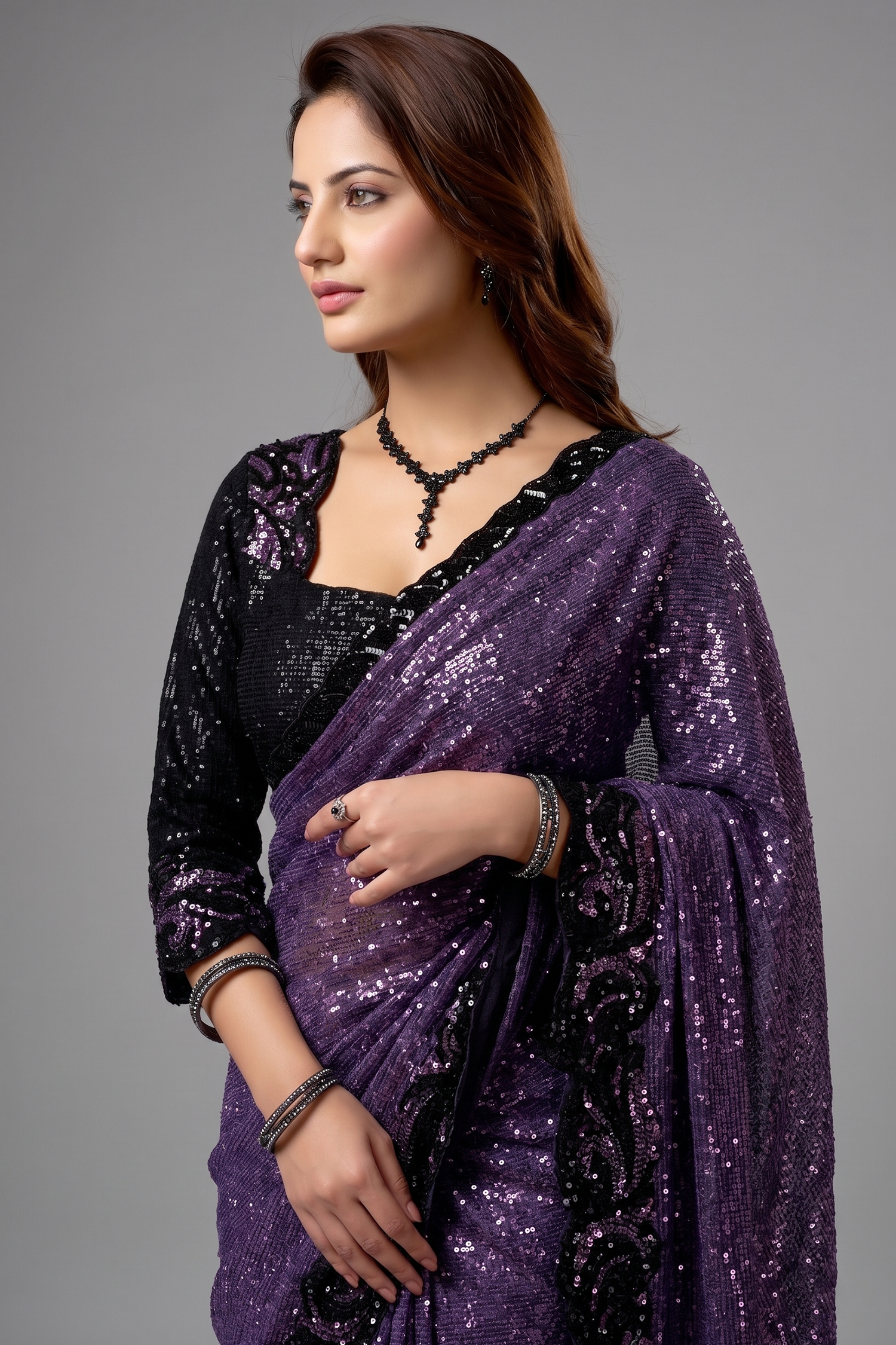 Deep Purple Net Saree with Vertical Sequin Work and Designer Blouse