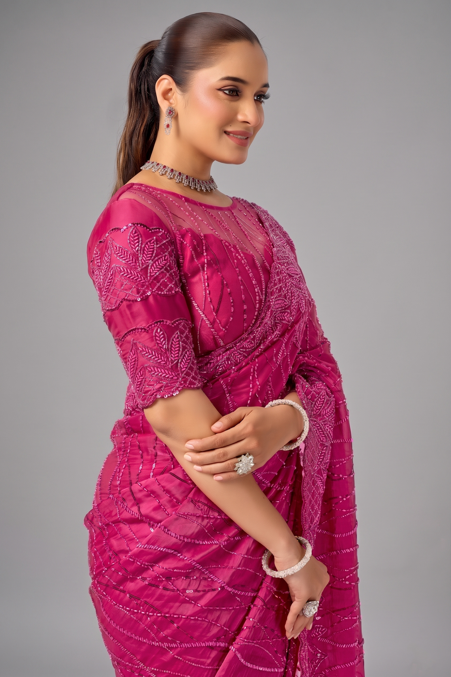Magenta Pink Saree with Vertical Sequin Embroidery and Sheer Neck Blouse Secondary image
