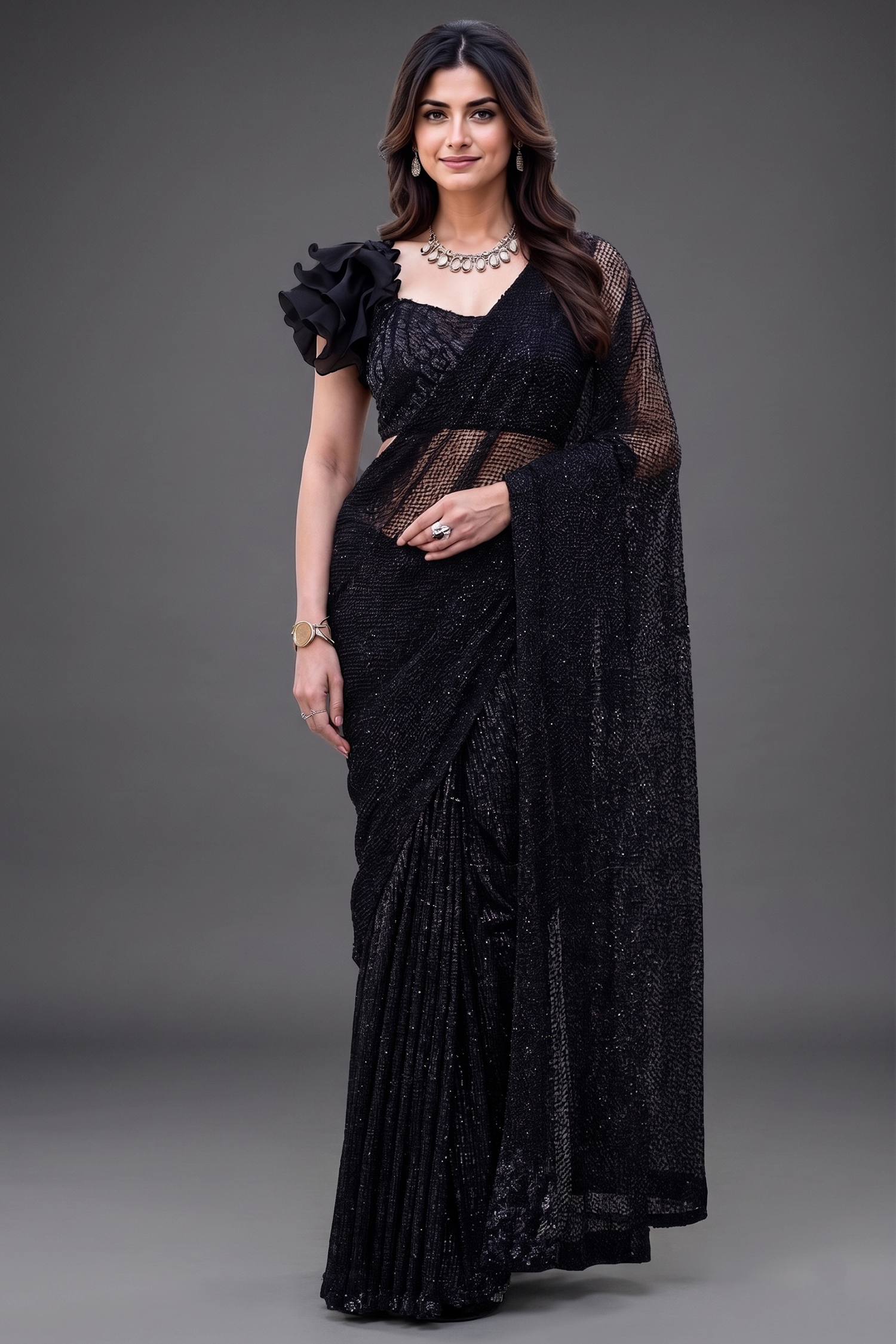 Jet Black Net Saree with Tone-on-Tone Sequin Work and Ruffled Blouse Main image