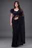 Jet Black Net Saree with Tone-on-Tone Sequin Work and Ruffled Blouse