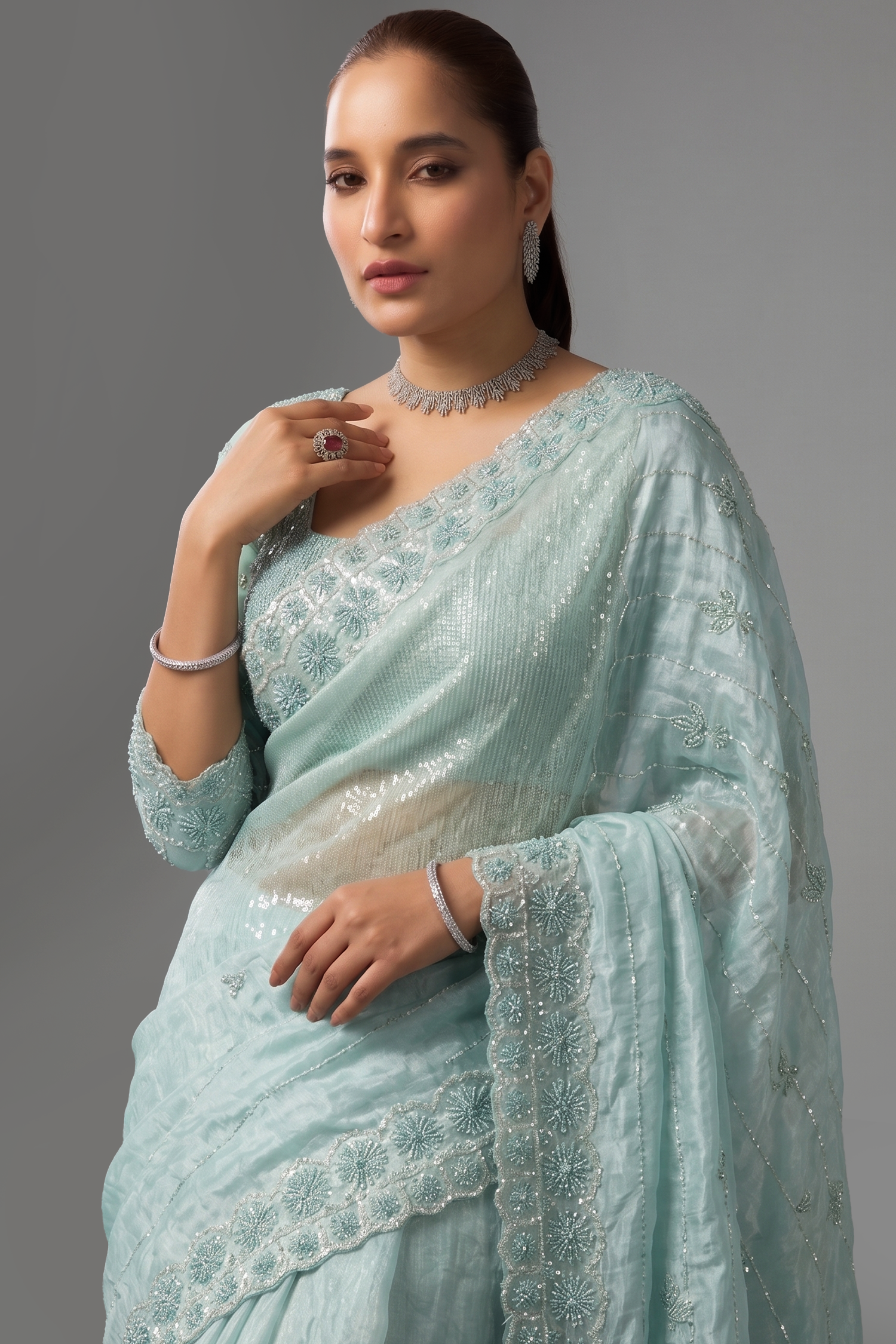 Ice Blue Satin Organza Saree with Elegant Embroidered Border Secondary image