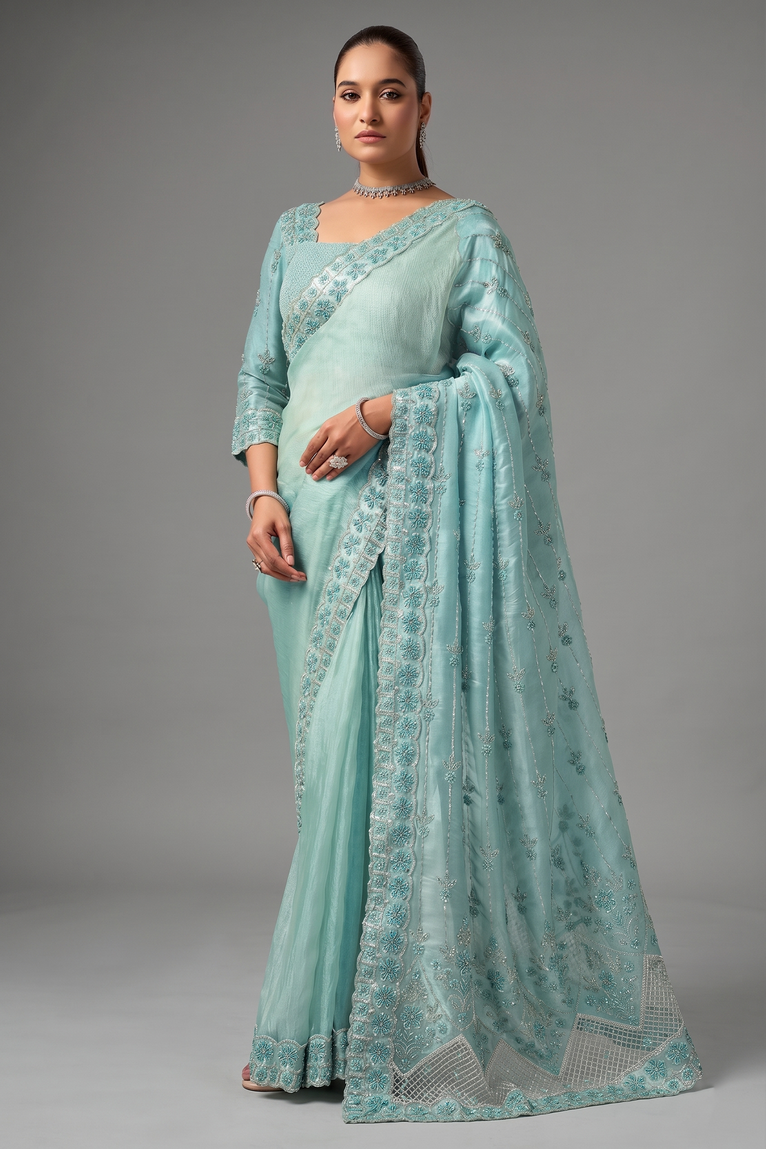 Ice Blue Satin Organza Saree with Elegant Embroidered Border Main image