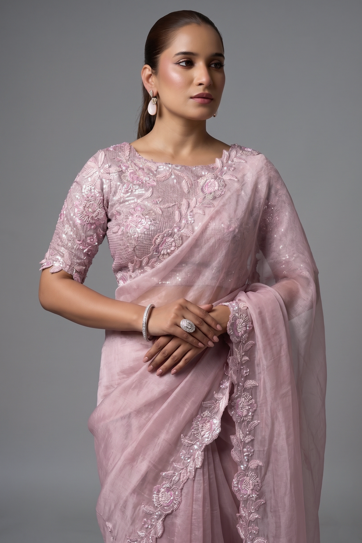 Blush Pink Satin Organza Saree with 3D Floral Applique and Heavy Embroidery