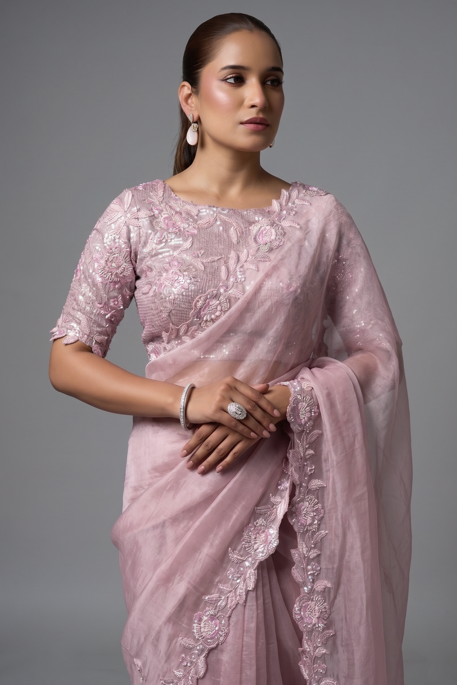 Blush Pink Satin Organza Saree with 3D Floral Applique and Heavy Embroidery