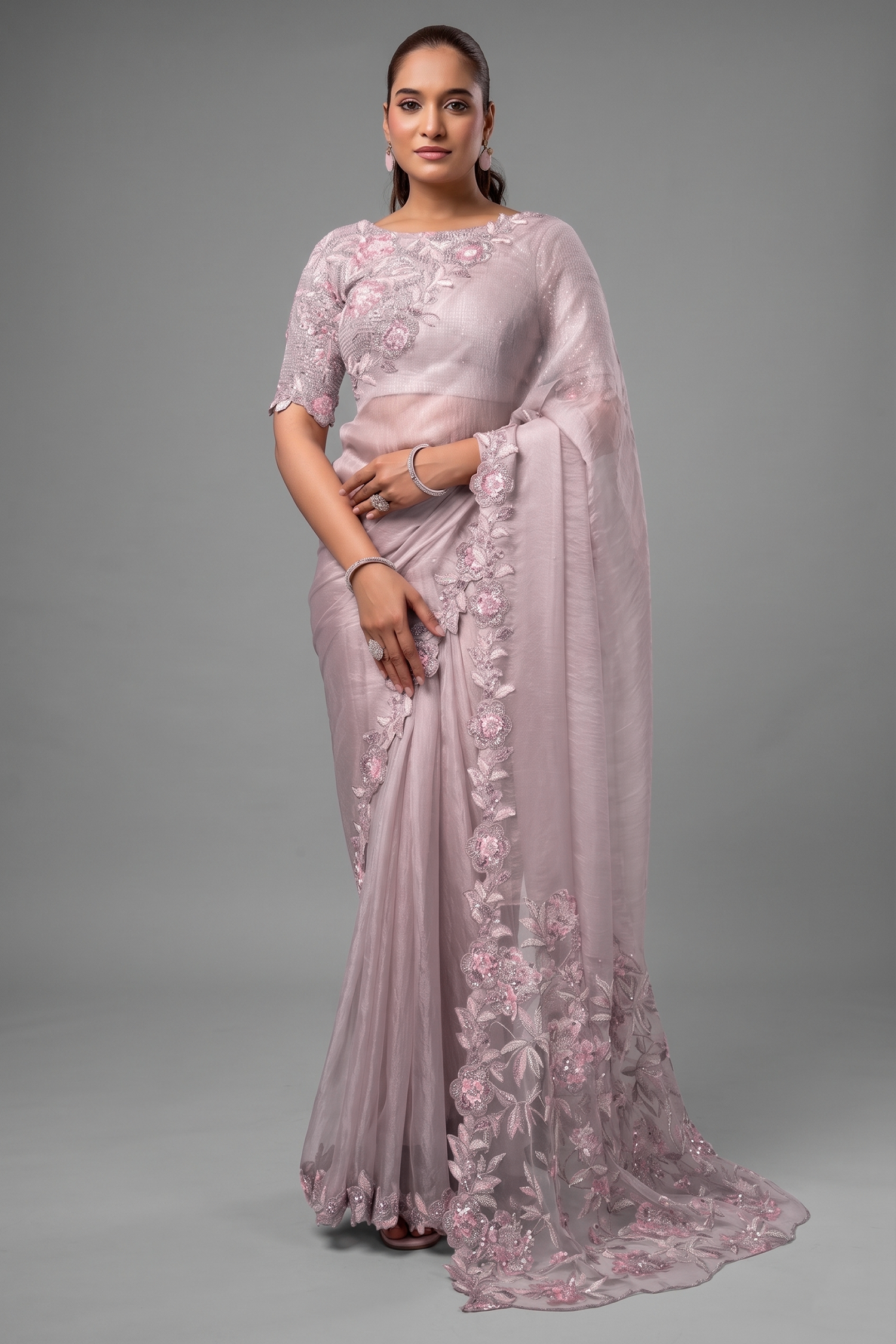 Blush Pink Satin Organza Saree with 3D Floral Applique and Heavy Embroidery Main image