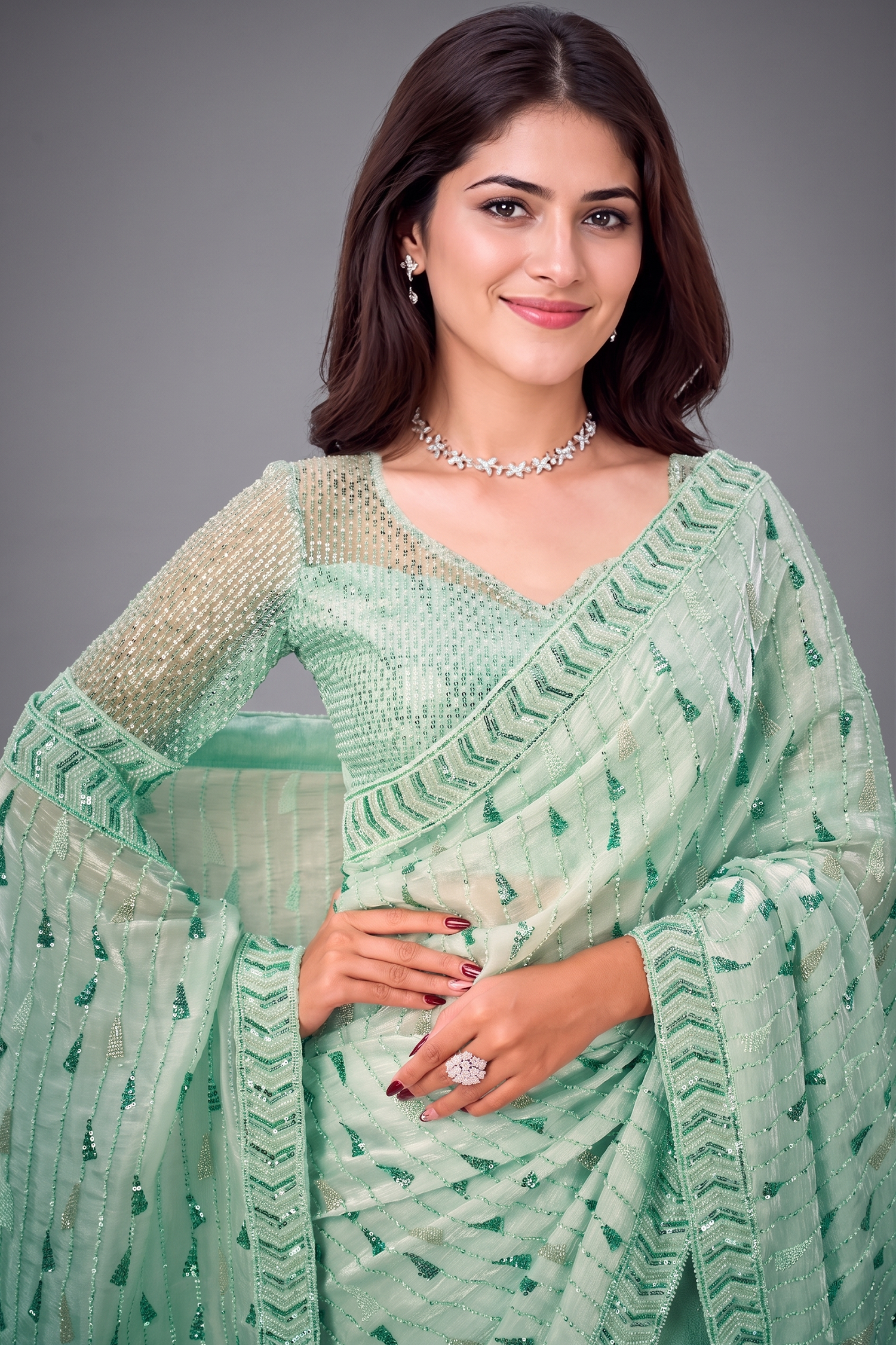 Mint Green Heavily Embroidered Festive Saree with Matching Blouse Secondary image