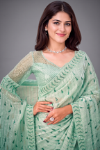 Mint Green Heavily Embroidered Festive Saree with Matching Blouse