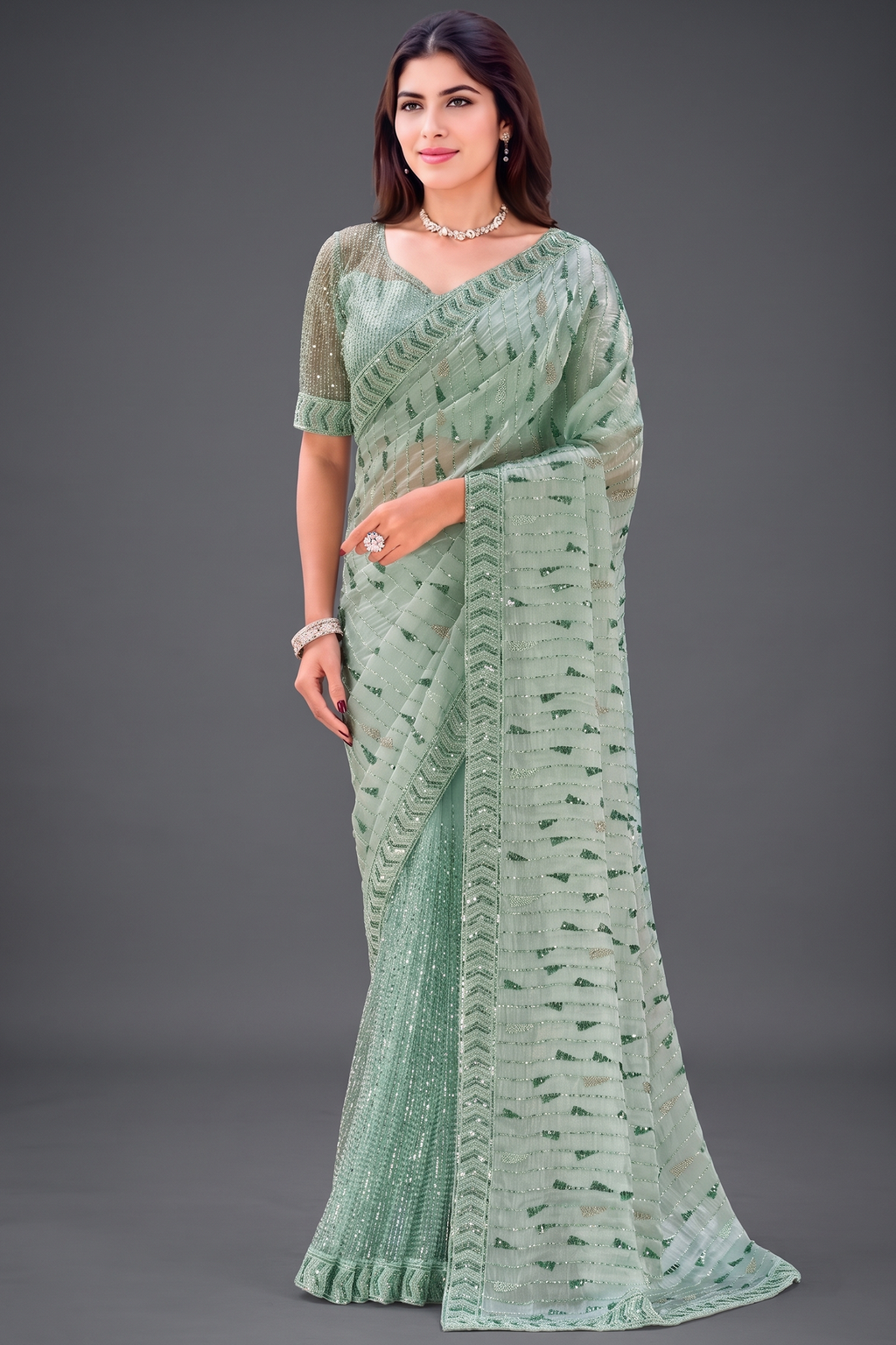 Mint Green Heavily Embroidered Festive Saree with Matching Blouse
