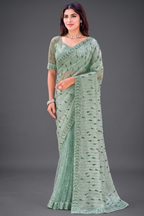 Mint Green Heavily Embroidered Festive Saree with Matching Blouse