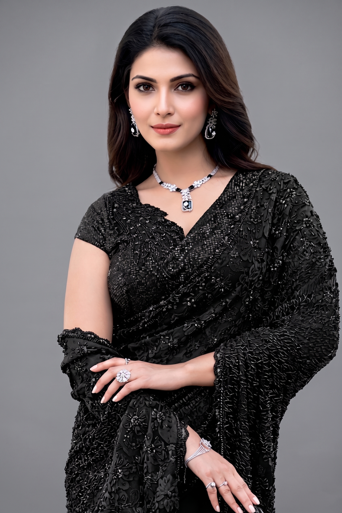 Midnight Black High-Shine Sequin Saree with Matching Embroidered Blouse
