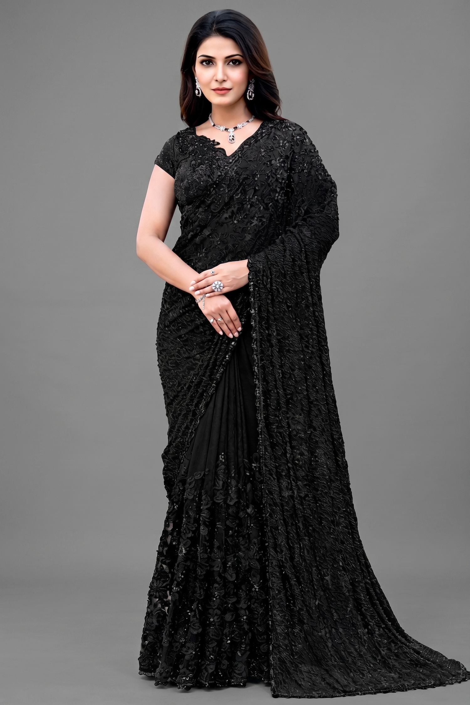 Midnight Black High-Shine Sequin Saree with Matching Embroidered Blouse