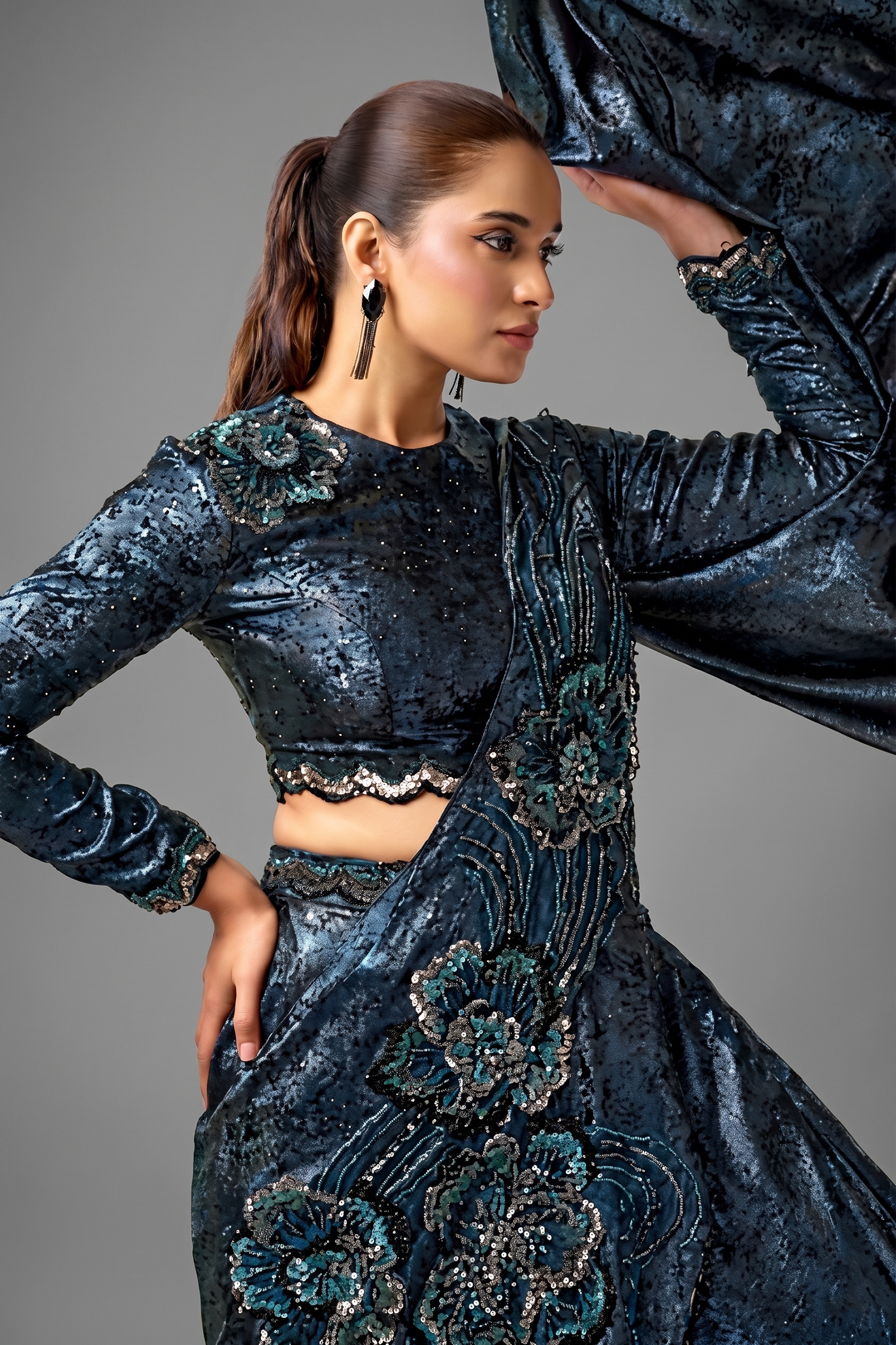 Dark Blue Metallic Lustrous Satin Silk Ready-to-Wear Lehenga Saree with Floral Motifs Secondary image
